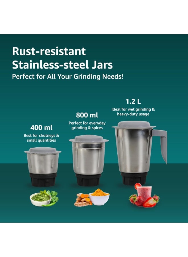هافلز Havells Pulse 500 Watt Mixer Grinder|3 Stainless Steel Leak-Resistant Jars (400ml, 800ml, 1.2L)|3 Speed Control|Heavy-Duty ABS Body|Durable SS Blades|Air Vent Technology |1 Year Product Warranty|Black - Image 3